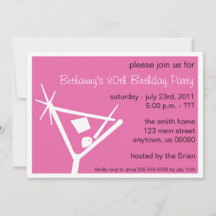 Birthday Party Invite Martini Glass (donkerroze) Kaart