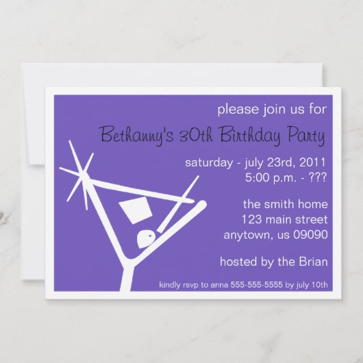 Birthday Party Invite Martini Glass (Paars) Kaart (Voorkant)