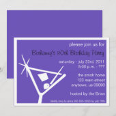 Birthday Party Invite Martini Glass (Paars) Kaart (Voorkant / Achterkant)