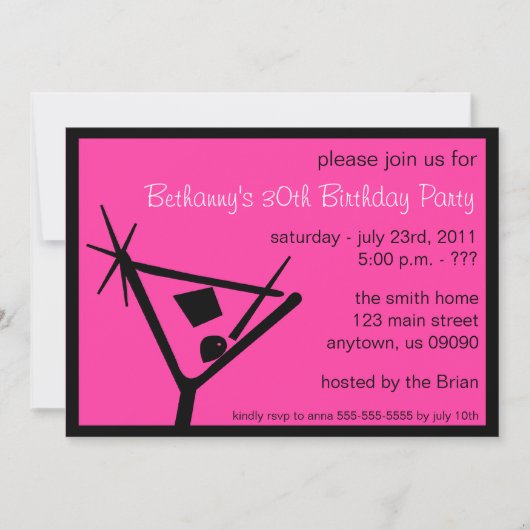 Birthday Party Invite Martini Glass (roze) Kaart (Voorkant)