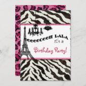 Birthday Party Invite, Zebra, Eiffeltoren Kaart (Voorkant / Achterkant)