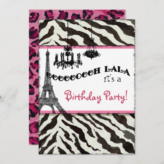Birthday Party Invite, Zebra, Eiffeltoren Kaart (Voorkant / Achterkant)