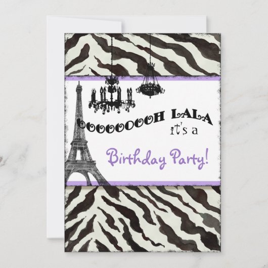 Birthday Party Invite, Zebra, Eiffeltoren Kaart (Voorkant)