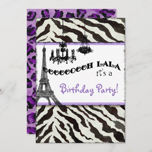 Birthday Party Invite, Zebra, Eiffeltoren Kaart (Voorkant / Achterkant)