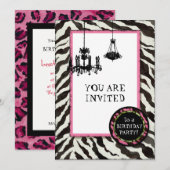 Birthday Party Invite Zebra, Leopard'n Chandelier Kaart (Voorkant / Achterkant)