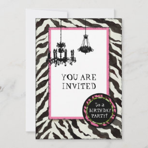 Birthday Party Invite Zebra, Leopard'n Chandelier Kaart