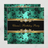 Birthday Party Jade Damask Gold Black Diamond Kaart (Voorkant / Achterkant)