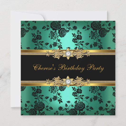 Birthday Party Jade Damask Gold Black Diamond Kaart (Voorkant)