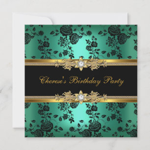 Birthday Party Jade Damask Gold Black Diamond Kaart