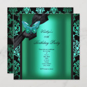 Birthday Party Jade Green Black Damask Butterfly Kaart (Voorkant / Achterkant)