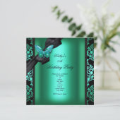 Birthday Party Jade Green Black Damask Butterfly Kaart (Staand voorkant)