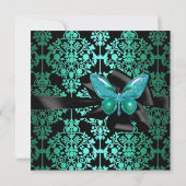 Birthday Party Jade Green Black Damask Butterfly Kaart (Achterkant)