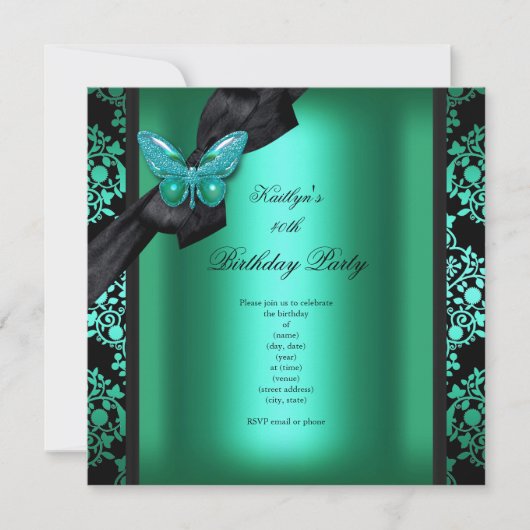 Birthday Party Jade Green Black Damask Butterfly Kaart (Voorkant)