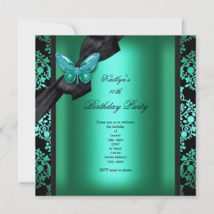 Birthday Party Jade Green Black Damask Butterfly Kaart