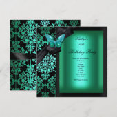 Birthday Party Jade Green Damask Butterfly Kaart (Voorkant / Achterkant)