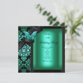 Birthday Party Jade Green Damask Butterfly Kaart (Staand voorkant)