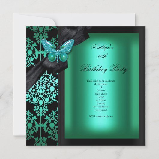 Birthday Party Jade Green Damask Butterfly Kaart (Voorkant)
