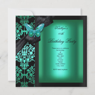 Birthday Party Jade Green Damask Butterfly Kaart