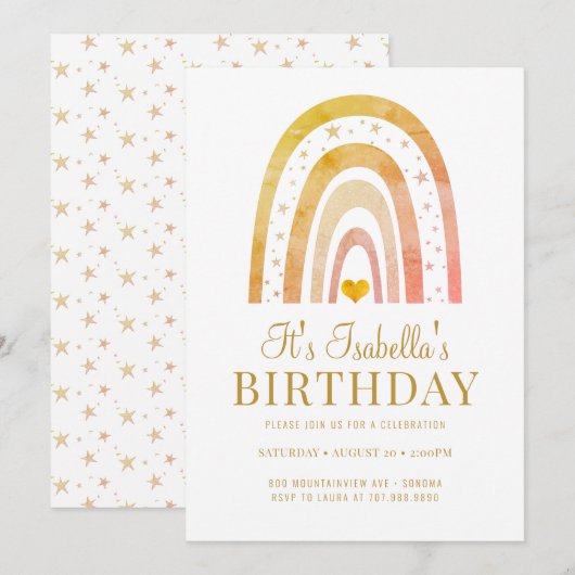 Birthday party Kind Boho Rainbow Gold Kaart (Voorkant / Achterkant)