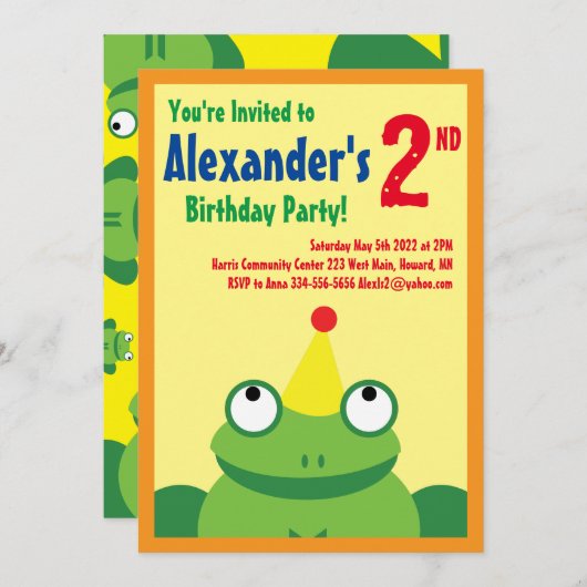 Birthday Party Kind kikker Kaart (Voorkant / Achterkant)