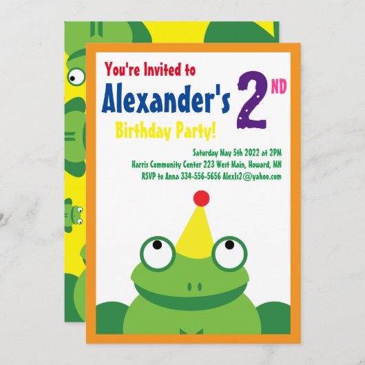 Birthday Party Kind kikker Kaart (Voorkant / Achterkant)