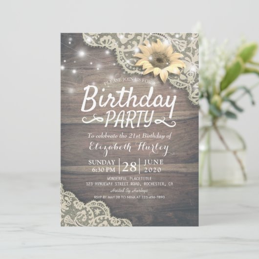 Birthday Party Lace Sunflower Wood & String Lights Kaart (Staand voorkant)