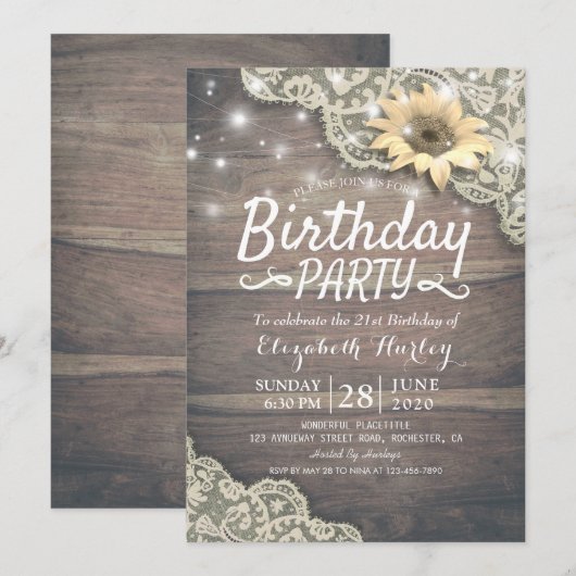 Birthday Party Lace Sunflower Wood & String Lights Kaart (Voorkant / Achterkant)