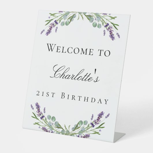 Birthday party lavendel eucalyptus welkom reclamebord met voetstuk (Voorkant)