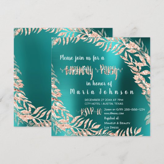 Birthday Party Leafs Wrath Glitter Roos Gold Blauw Kaart (Voorkant / Achterkant)