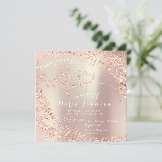 Birthday Party Leafs Wreater Glitter Pink Rose Gol Kaart (Staand voorkant)