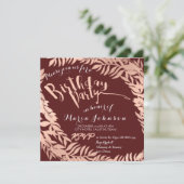 Birthday Party Leafs Wreath Burgundy Roos Gold Kaart (Staand voorkant)