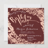 Birthday Party Leafs Wreath Burgundy Roos Gold Kaart (Voorkant)