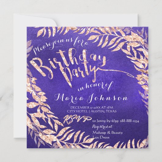 Birthday Party Leafs Wreath Indigo Blue Roos Gold Kaart (Voorkant)