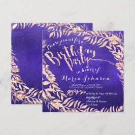 Birthday Party Leafs Wreath Indigo Blue Roos Gold Kaart