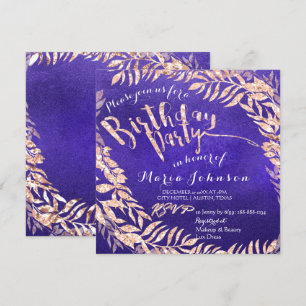 Birthday Party Leafs Wreath Indigo Blue Roos Gold Kaart