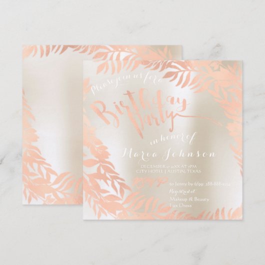 Birthday Party Leafs Wreath Ivory Pearl Roos Gold Kaart (Voorkant / Achterkant)