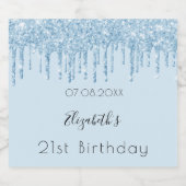Birthday party light blue glitter druppelt naam sparkling wijnetiket (Enkel label)