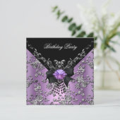 Birthday Party Lila Paars Black Silver Damask Kaart (Staand voorkant)