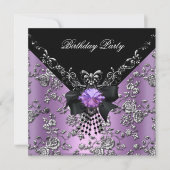 Birthday Party Lila Paars Black Silver Damask Kaart (Voorkant)