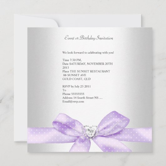 Birthday Party Lila Paars Silver White Diamond Kaart (Achterkant)