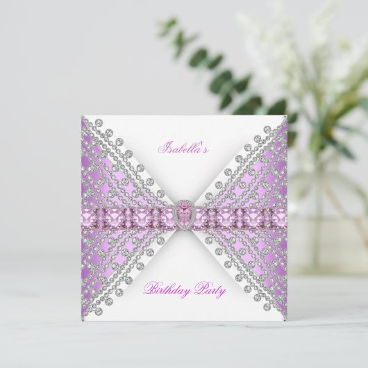 Birthday Party Lila roze zilver White Diamond Bow Kaart (Staand voorkant)
