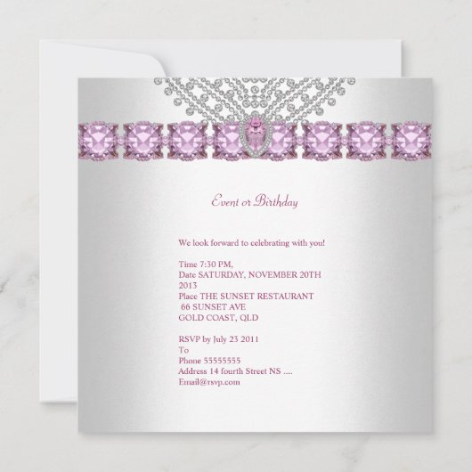 Birthday Party Lila roze zilver White Diamond Bow Kaart (Achterkant)