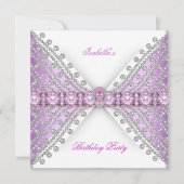 Birthday Party Lila roze zilver White Diamond Bow Kaart (Voorkant)