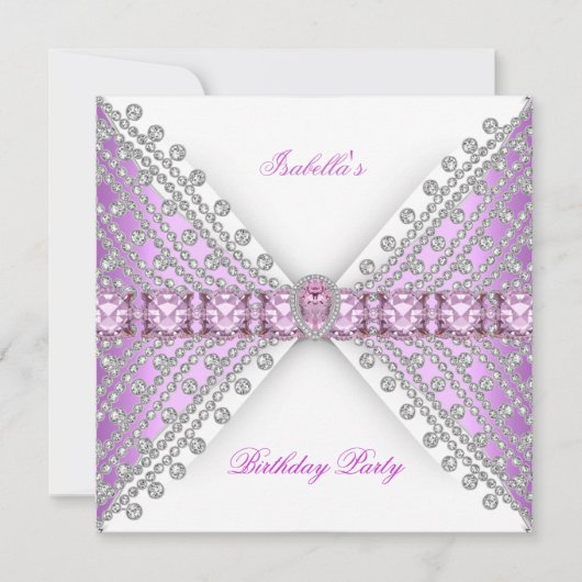 Birthday Party Lila roze zilver White Diamond Bow Kaart (Voorkant)