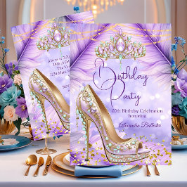 Birthday Party Lilac Teal Tiara Gold Heel Stiletto Kaart