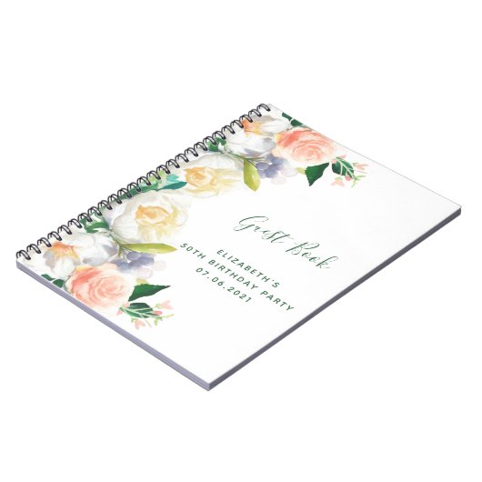 Birthday party lush florals white peach Guest Book Notitieboek (Linkerzijde)