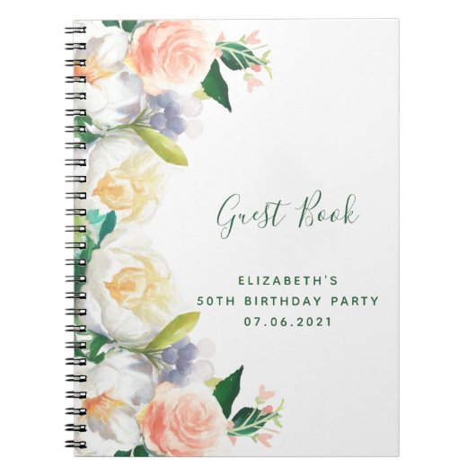 Birthday party lush florals white peach Guest Book Notitieboek (Voorkant)