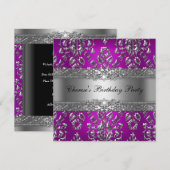 Birthday Party Magenta Silver Damask Kaart (Voorkant / Achterkant)