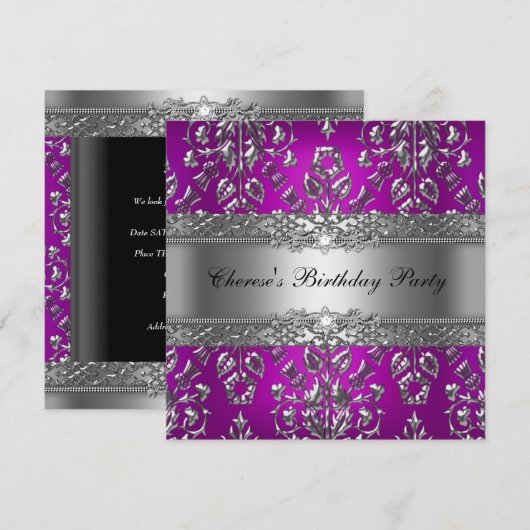 Birthday Party Magenta Silver Damask Kaart (Voorkant / Achterkant)
