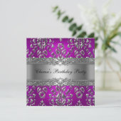Birthday Party Magenta Silver Damask Kaart (Staand voorkant)